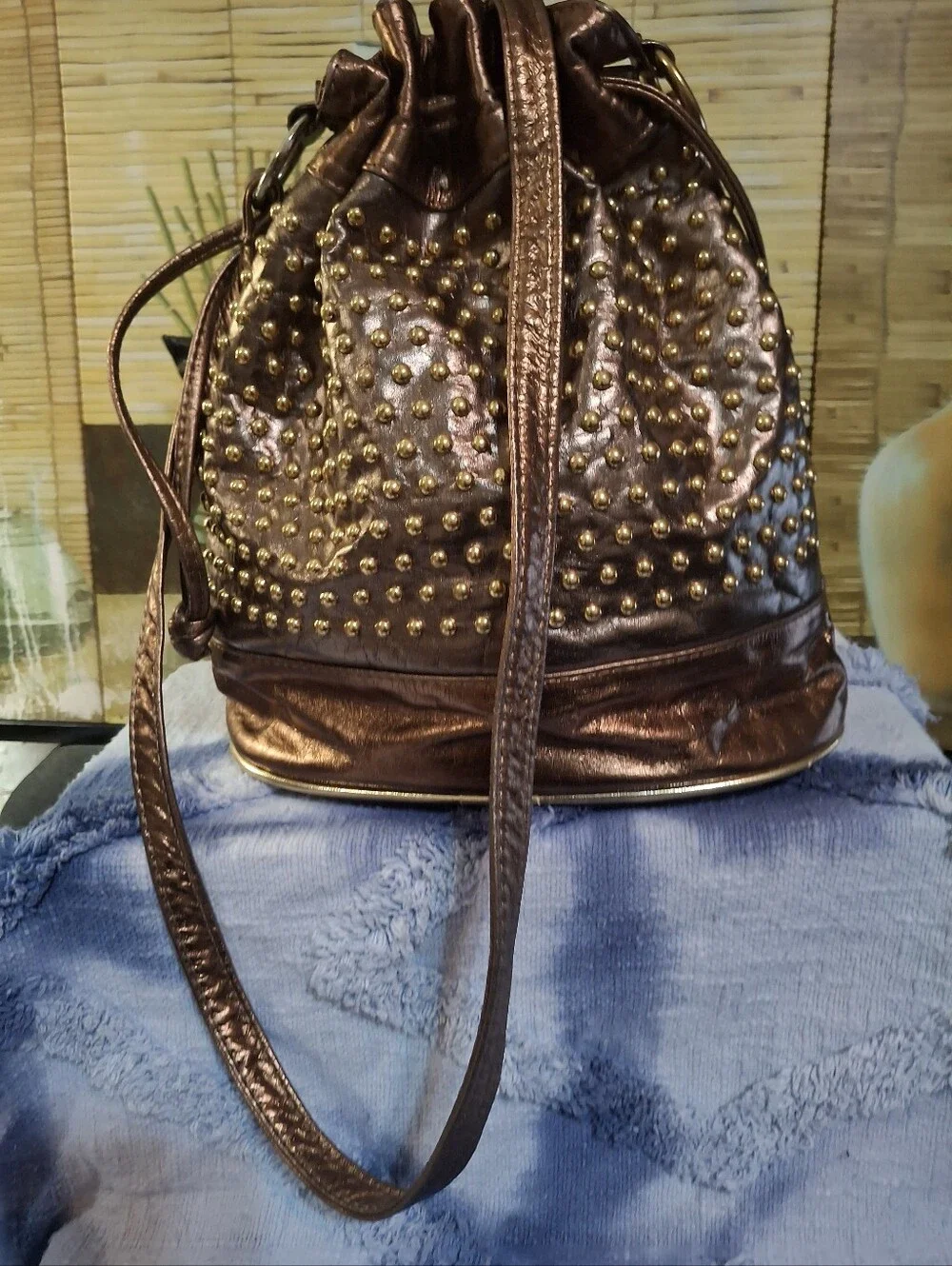 Metallic Brown Studded Drawstring Shoulder Bag